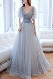 Grey V Neck A-line Long Formal Gown with Flutter HZ0307