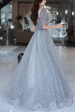 Grey V Neck A-line Long Formal Gown with Flutter HZ0307