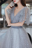 Grey V Neck A-line Long Formal Gown with Flutter HZ0307