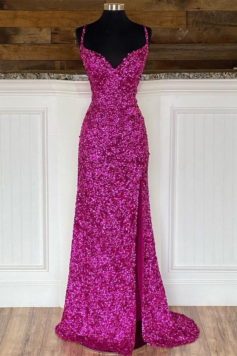 Fuchsia Sequins Mermaid Long Prom Dress with HZ0307