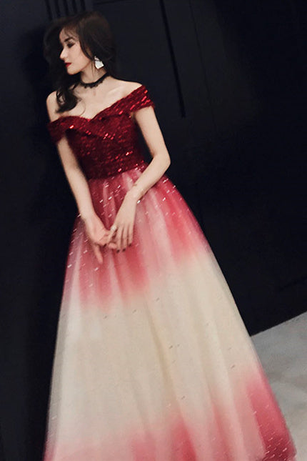 Sparkle Off the Shoulder Wine Red Long Party HZ0307