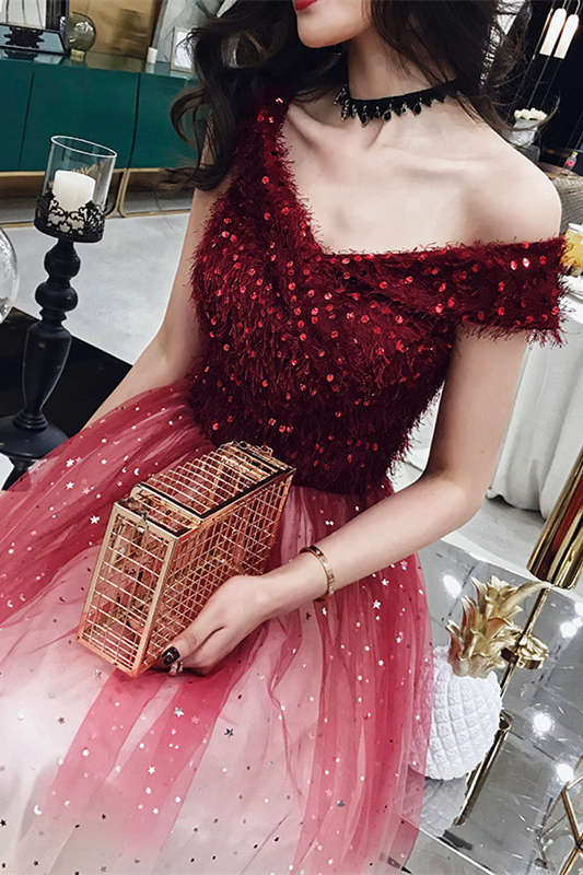 Sparkle Off the Shoulder Wine Red Long Party HZ0307