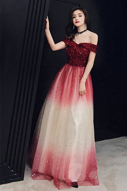 Sparkle Off the Shoulder Wine Red Long Party HZ0307