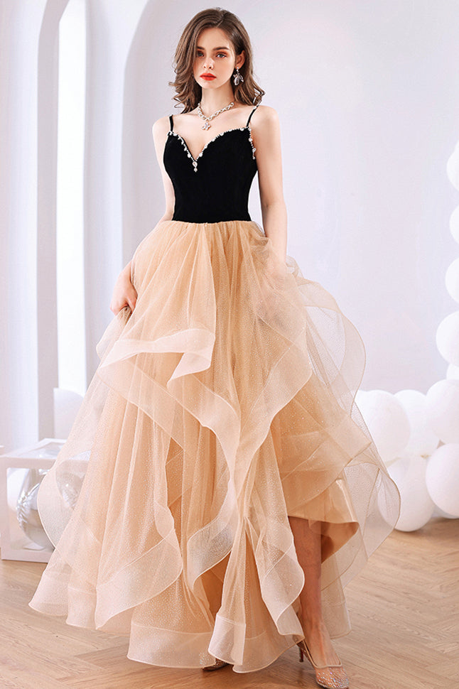 Black Velvet and Champagne Tiered Ruffles Long Formal HZ0307
