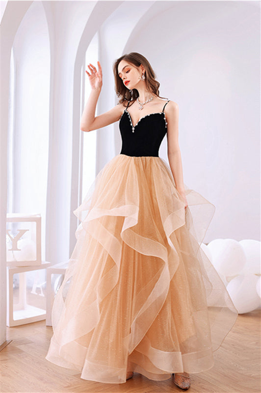 Black Velvet and Champagne Tiered Ruffles Long Formal HZ0307