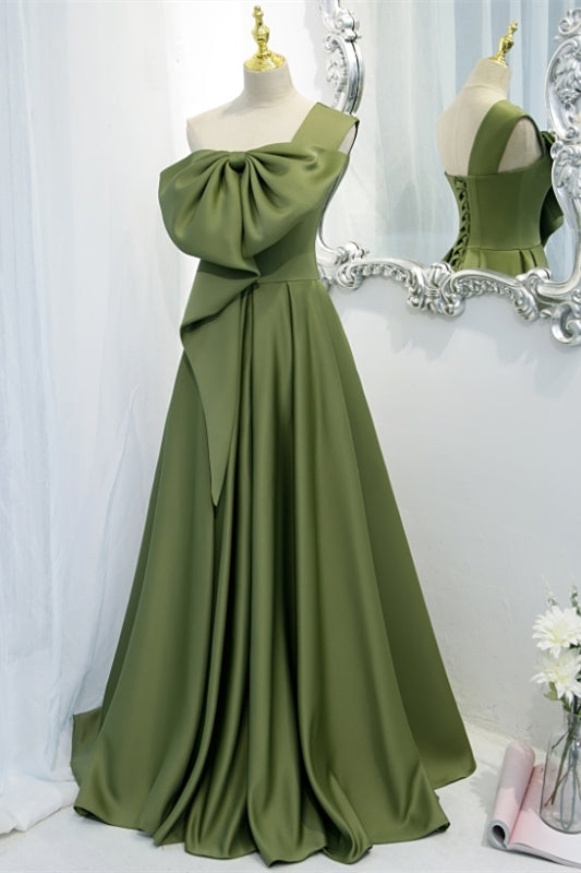 One Shoulder Green Bow Long Formal HZ0307