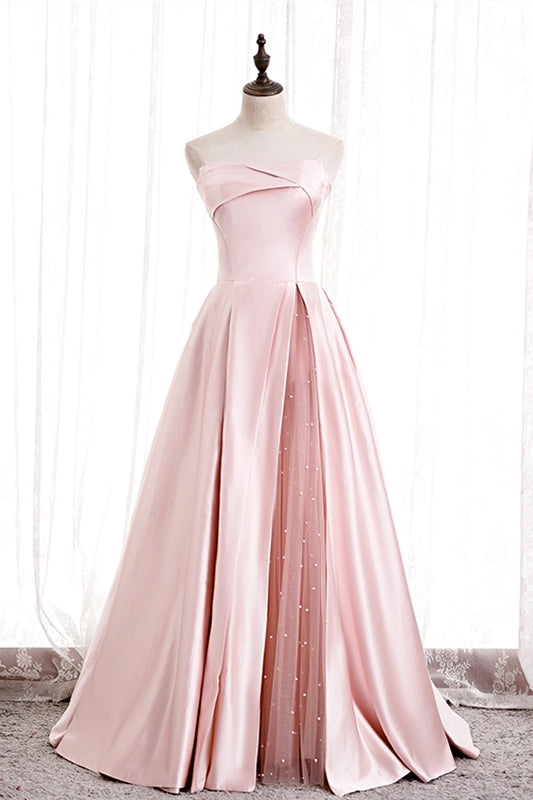 Strapless Pink A-line Satin Long Formal HZ0307