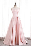 Strapless Pink A-line Satin Long Formal HZ0307