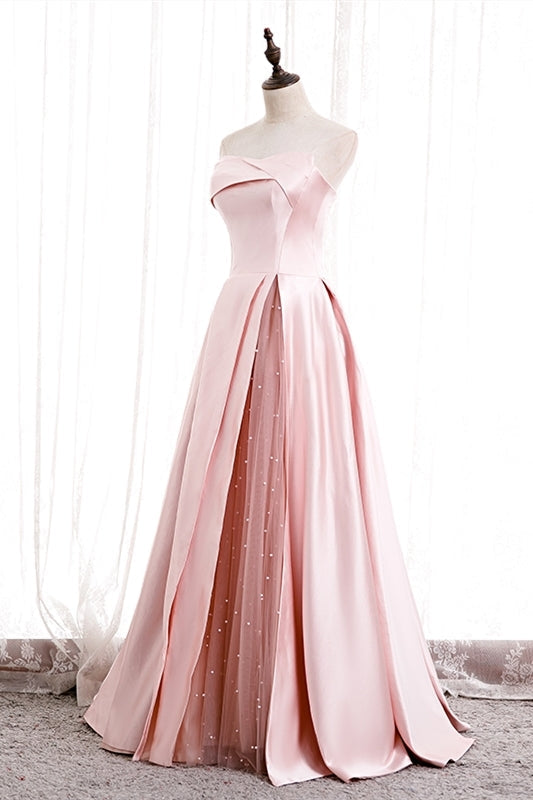 Strapless Pink A-line Satin Long Formal HZ0307