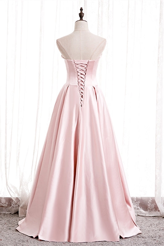 Strapless Pink A-line Satin Long Formal HZ0307