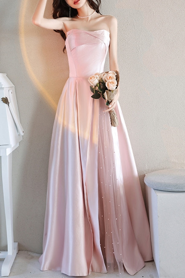Strapless Pink A-line Satin Long Formal HZ0307