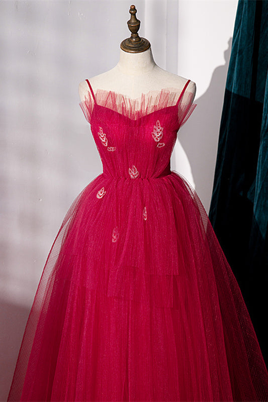 Spaghetti Straps Red Tulle A-line Long Formal HZ0307