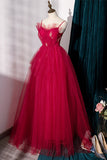 Spaghetti Straps Red Tulle A-line Long Formal HZ0307