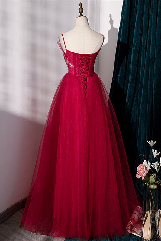 Spaghetti Straps Red Tulle A-line Long Formal HZ0307