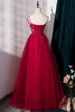 Spaghetti Straps Red Tulle A-line Long Formal HZ0307