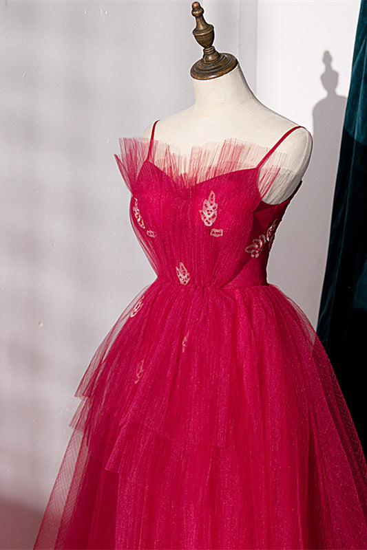 Spaghetti Straps Red Tulle A-line Long Formal HZ0307