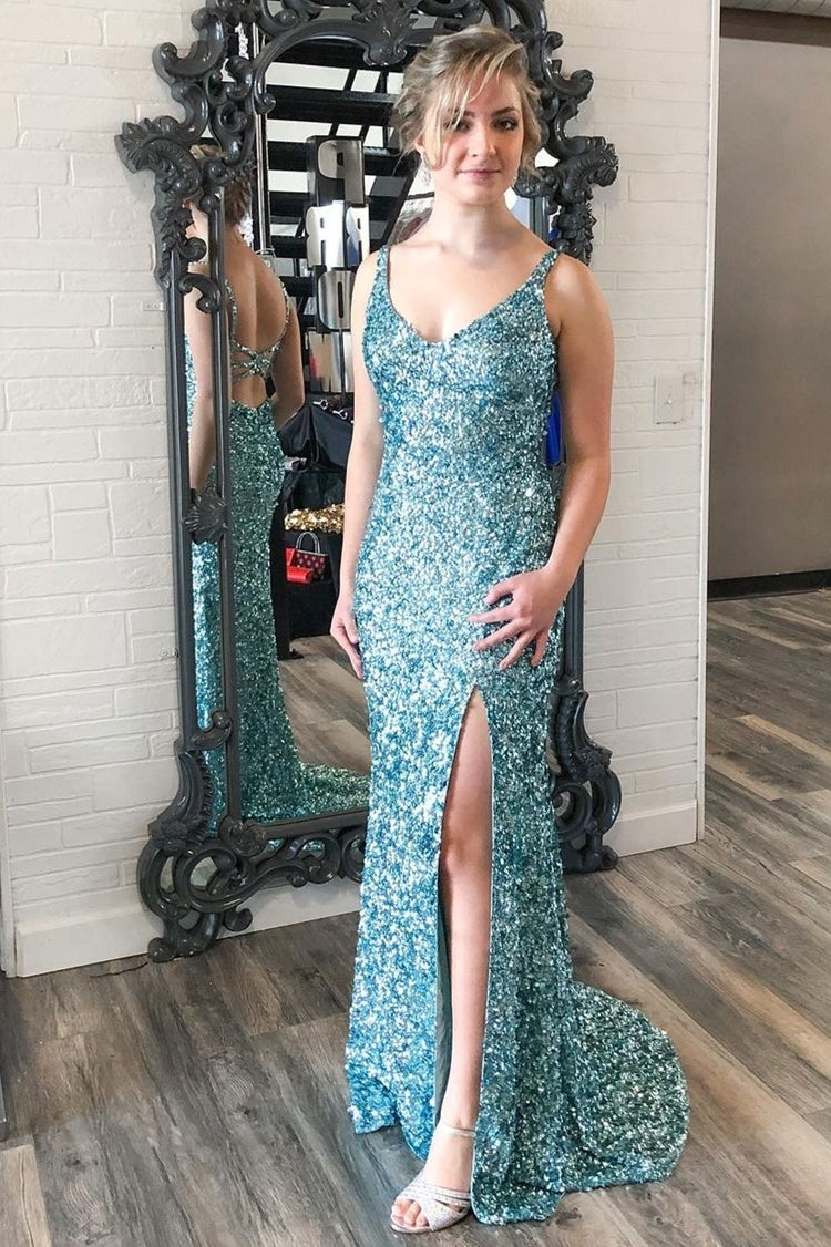 Light Blue Sequin Mermaid Long Prom Dress with HZ0307