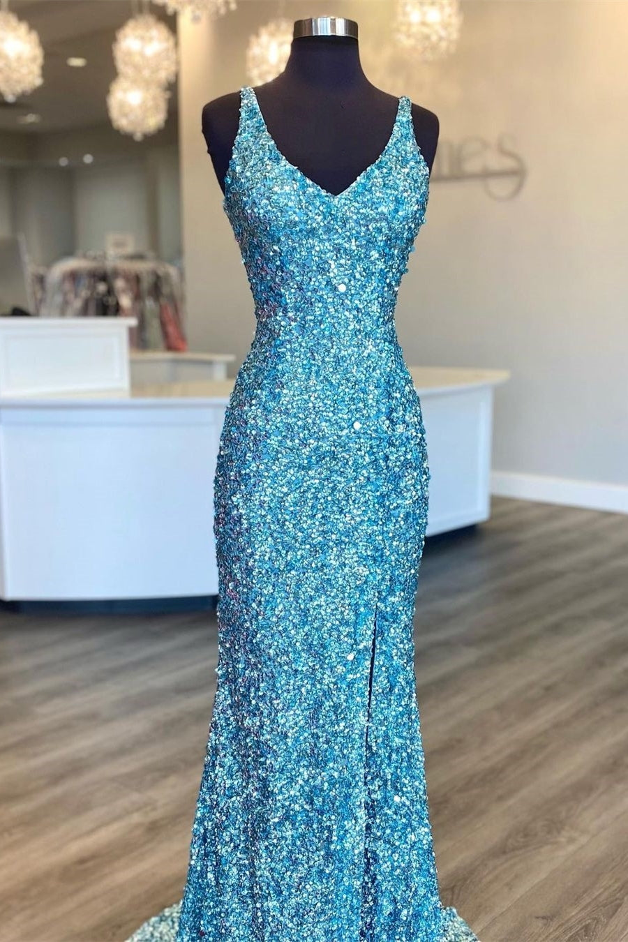 Light Blue Sequin Mermaid Long Prom Dress with HZ0307