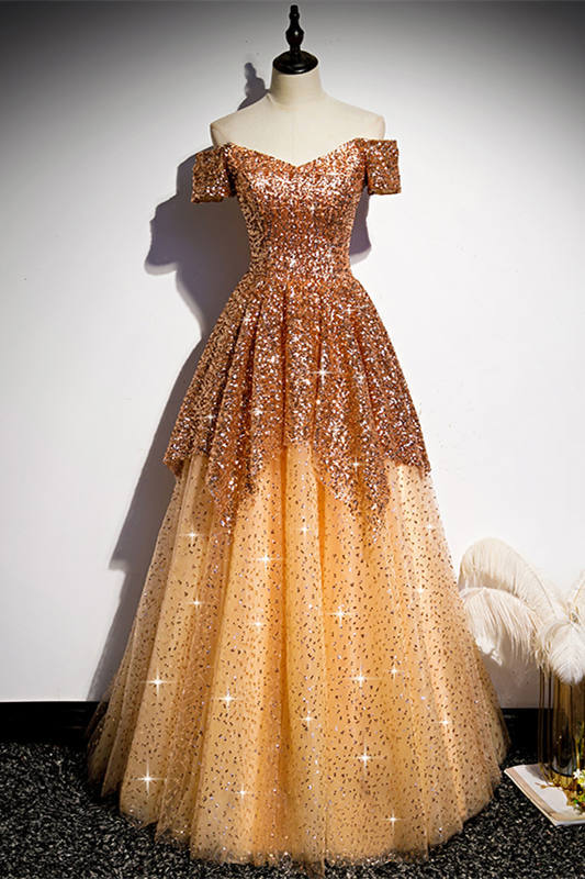 Off the Shoulder Gold Long Prom HZ0307