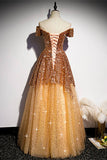 Off the Shoulder Gold Long Prom HZ0307