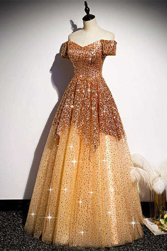 Off the Shoulder Gold Long Prom HZ0307