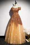Off the Shoulder Gold Long Prom HZ0307