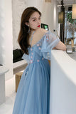 Straps Blue and Floral Embroidered Long Formal HZ0307