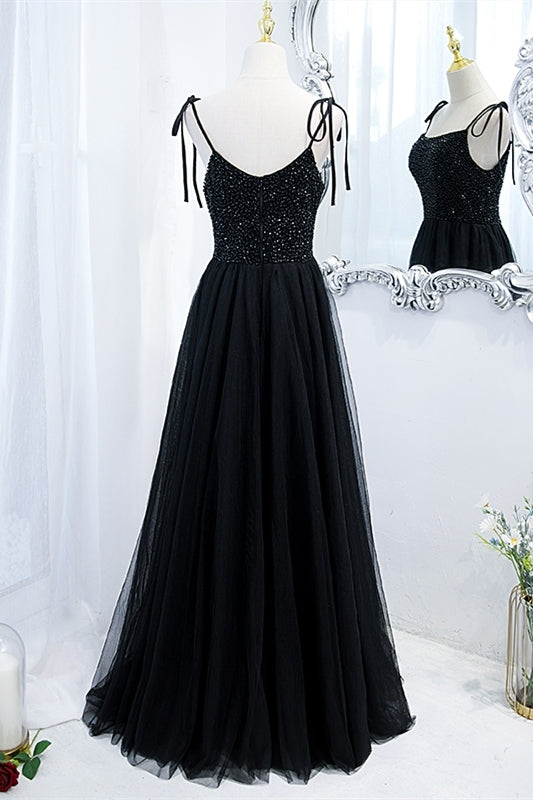 Black A-line Beaded Tulle Long Formal HZ0307