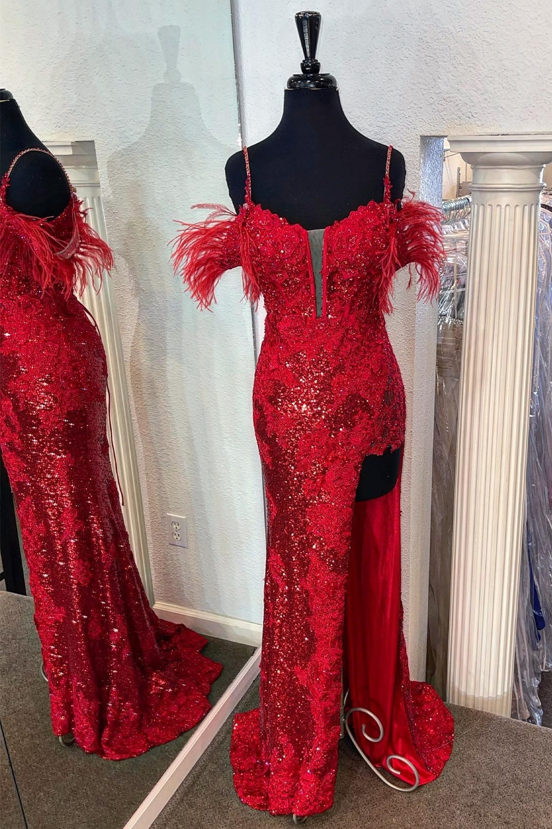 Straps Tight Red Sequin Mermaid Appliques Long Formal HZ0307