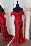 Straps Tight Red Sequin Mermaid Appliques Long Formal HZ0307