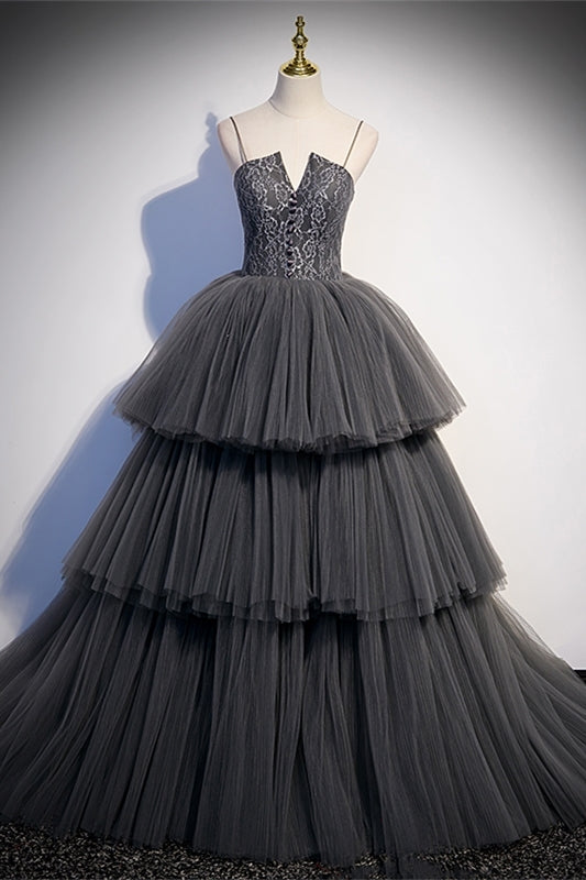 Spaghetti Straps Grey Tiered Layers Long Formal HZ0307