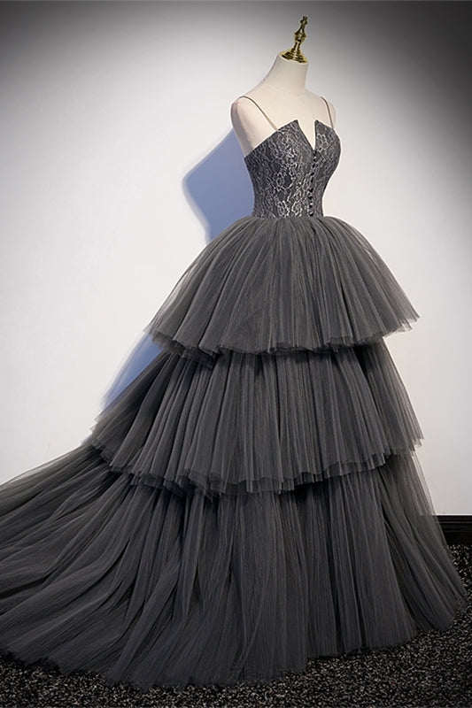Spaghetti Straps Grey Tiered Layers Long Formal HZ0307