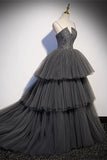 Spaghetti Straps Grey Tiered Layers Long Formal HZ0307