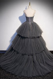 Spaghetti Straps Grey Tiered Layers Long Formal HZ0307
