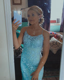 Straps Mermaid Blue Lace Appliqued Long Prom HZ0307