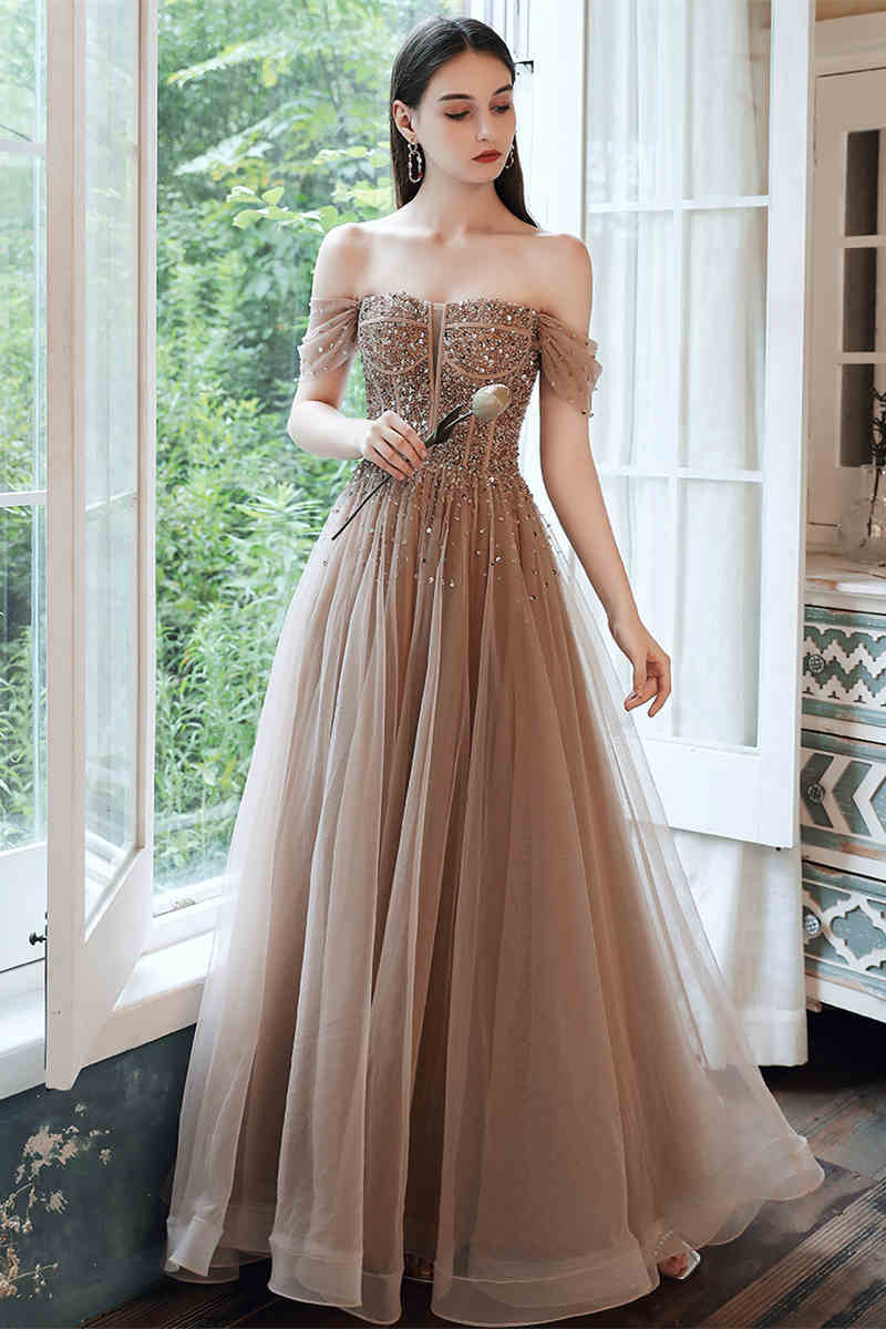 Stunning Champagne Tulle Long Party HZ0307