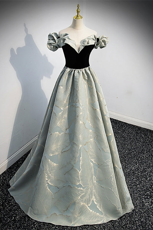 Fairy Off the Shoulder Black and Green Satin Long Prom HZ0307