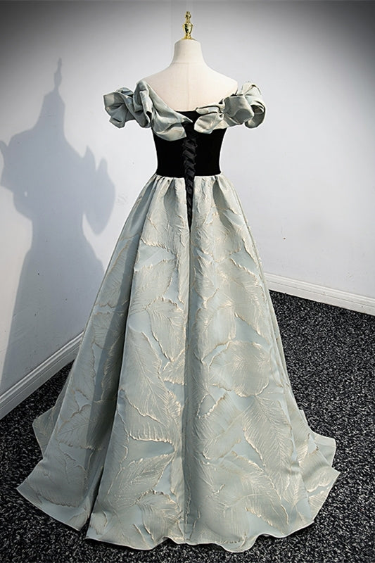 Fairy Off the Shoulder Black and Green Satin Long Prom HZ0307
