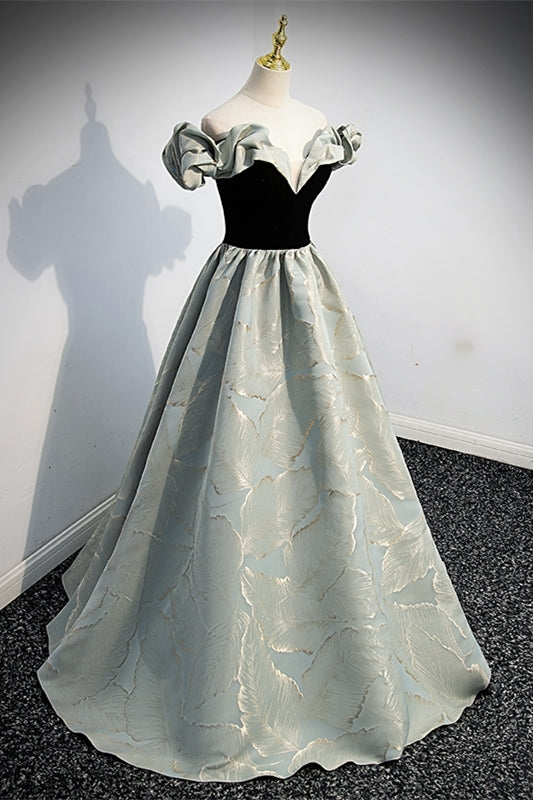 Fairy Off the Shoulder Black and Green Satin Long Prom HZ0307