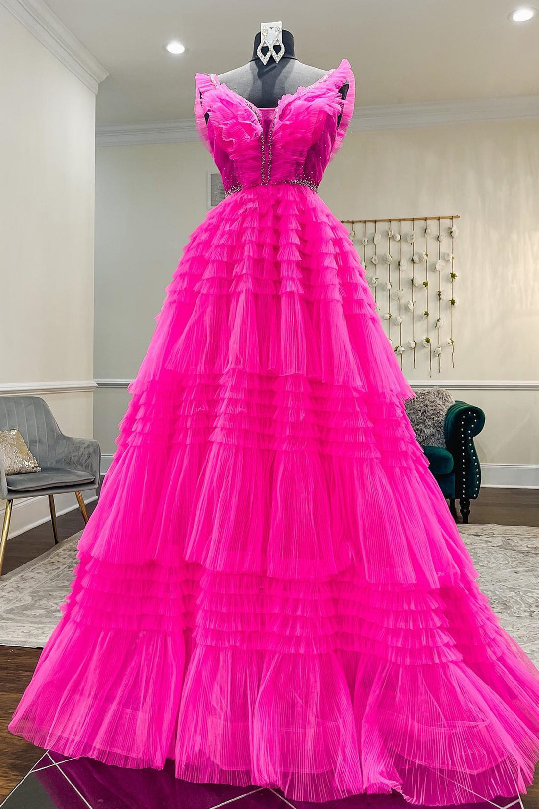 Hot Pink Tiered Layers A-line Long Formal HZ0307