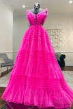 Hot Pink Tiered Layers A-line Long Formal HZ0307