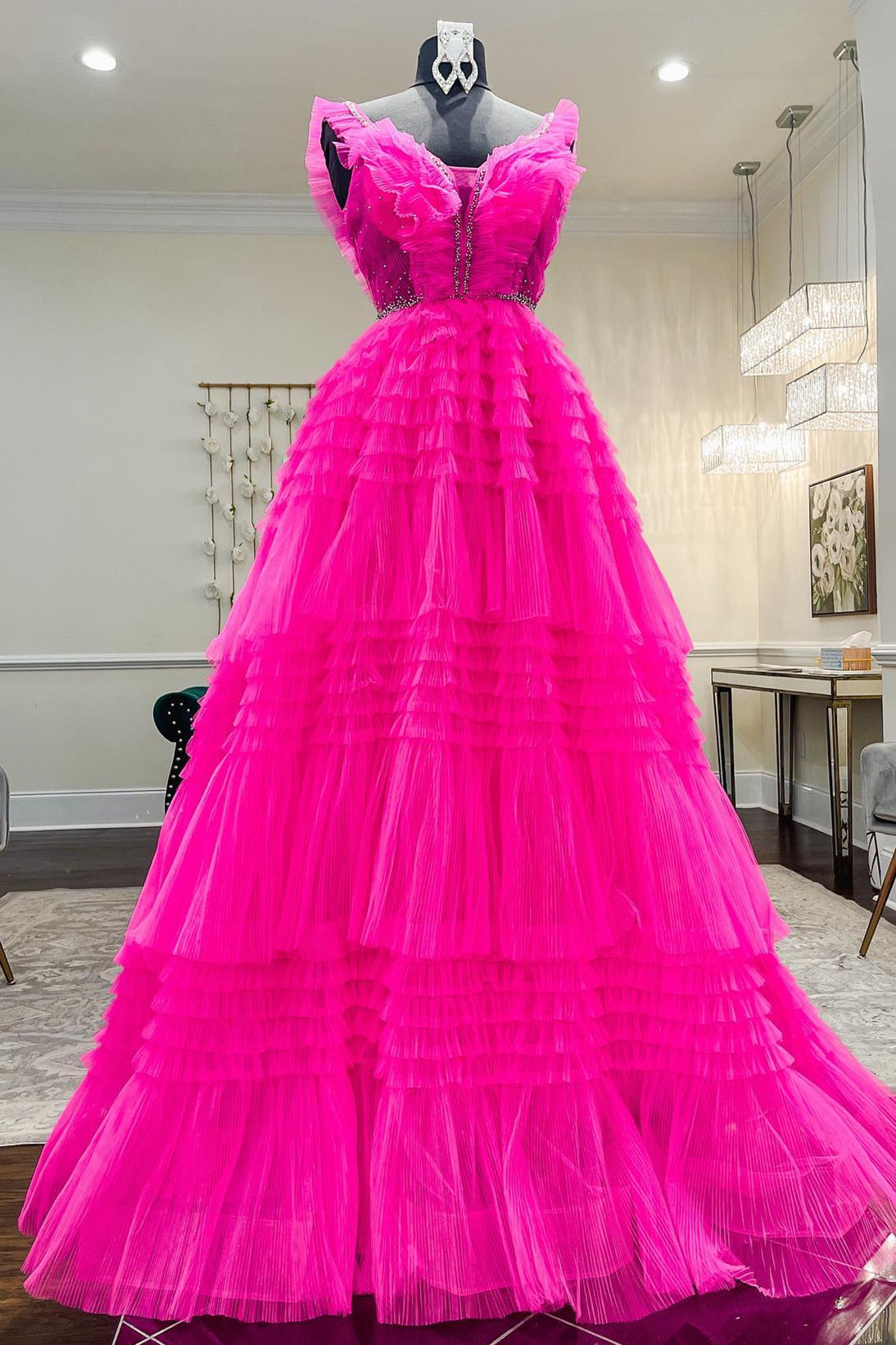 Hot Pink Tiered Layers A-line Long Formal HZ0307