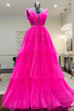 Hot Pink Tiered Layers A-line Long Formal HZ0307