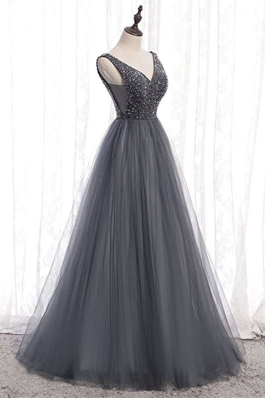 A-line Beaded Grey Tulle Long Party HZ0307