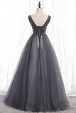 A-line Beaded Grey Tulle Long Party HZ0307