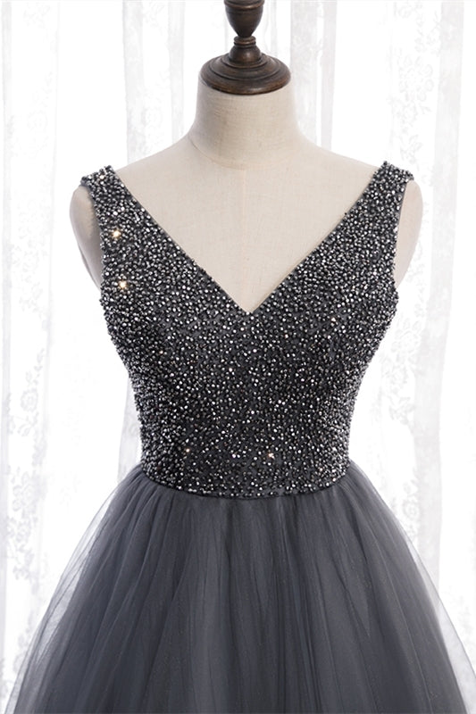 A-line Beaded Grey Tulle Long Party HZ0307