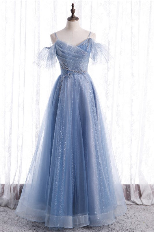 Blue A-line Long Formal Dress with Spaghetti HZ0307