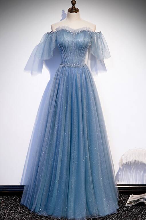 Simple Blue A-line Off the Shoulder Long Prom HZ0307
