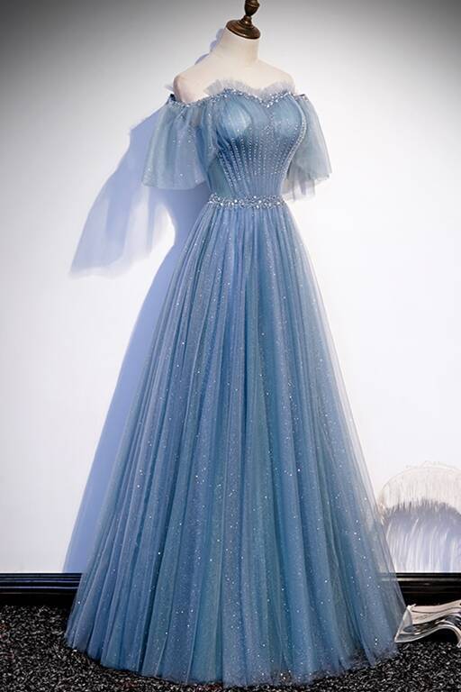 Simple Blue A-line Off the Shoulder Long Prom HZ0307