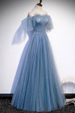 Simple Blue A-line Off the Shoulder Long Prom HZ0307